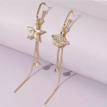 Асимметричные серьги-гвоздики с бриллиантами и звездами нового дизайна, модные длинные серьги из сплава с темпераментом золотой