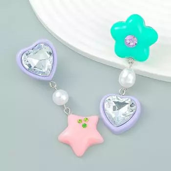 Асимметричные серьги Internet Celebrity Star & Heart из смолы с бриллиантами - корейский геометрический стиль