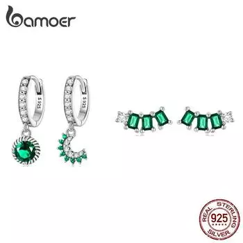 Асимметричные серьги-капли BAMOER из стерлингового серебра 925 пробы с изображением Солнца и Луны, соединенные зеленые серьги-гвоздики с цирконом, изысканный комплект украшений для женщин