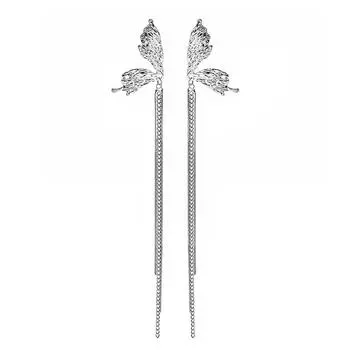 Асимметричные серьги-кисточки «Бабочка» из серебряной иглы с вогнуто-выпуклой текстурой и длинным пусетом