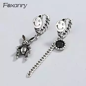 Асимметричные серьги-подвески Foxanry с улыбающимся лицом и кроликом Terndy, винтажные серьги-цепочки ручной работы, аксессуары для вечеринок, ювелирные изделия, подарки 8mm серебряный