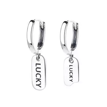 Асимметричные серьги-пряжки с надписью LUCKY Tag из стерлингового серебра 925 пробы в японском и корейском стиле, подходящие для женщин