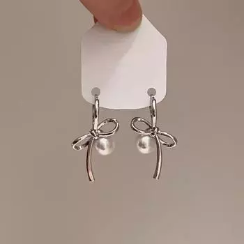 Асимметричные серьги с бантом из искусственного жемчуга для женщин, модные серьги для свадебной вечеринки, минималистичные украшения, подарок на день Святого Валентина серебряный