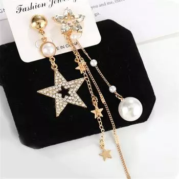 Асимметричные серьги со звездами из сверкающего циркона, серьги темперамент с длинной бахромой, серьги-гвоздики с корейским хрустальным жемчугом. золотой