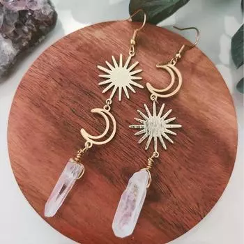 Асимметричные серьги, Украшения богини, Хрустальные серьги, Серьги-подвески «Солнце Луна», Серьги из 18-каратного золота