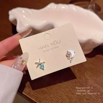 Асимметричные серьги в виде дельфина и морской звезды — женский летний морской стиль A1773 серебряный