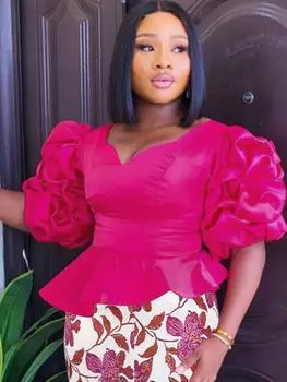 Асимметричные топы AOMEI для женщин, розовые, нерегулярные, милые, элегантные, с V-образным вырезом, с оборками, пышными рукавами, с баской, вечерние, вечерние, новые в комплектах, женская рубашка, блузка