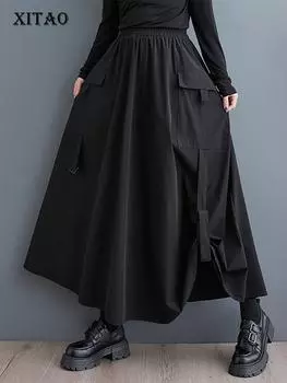 Асимметричные юбки с карманами и лоскутным узором XITAO DMJ5020 One Size чёрный