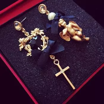 Асимметричные винтажные серьги-подвески в стиле барокко с крестом и жемчугом для женщин, женские кольца в форме сердца ангела, классические длинные серьги