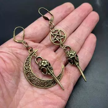 Асимметричные висячие серьги с черепом вороны и пентаграммой в стиле ретро, панк-стиль, ювелирные изделия из сплава, аксессуары для клуба Хэллоуина дубильная кора