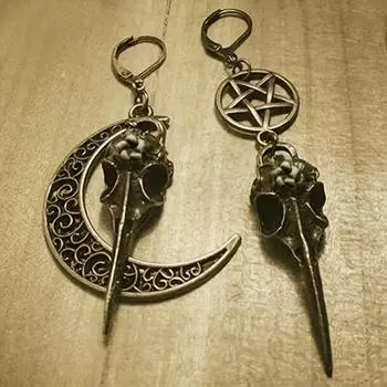 Асимметричные висячие серьги с черепом вороны и пентаграммой в стиле ретро, панк-стиль, ювелирные изделия из сплава, аксессуары для клуба Хэллоуина дубильная кора