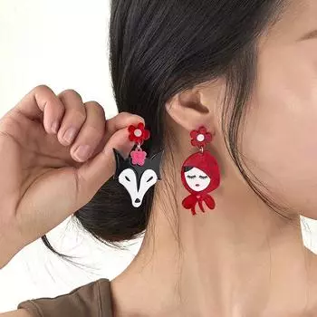 Асимметричные висячие серьги с героями мультфильмов, милые забавные волки в красной шапке, фигурка, акриловые украшения для женщин и девочек, уникальные аксессуары для вечеринки