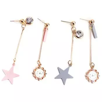 Асимметричные женские длинные висячие серьги с пентаграммой для девочек, серьги-капли из сплава с украшением в виде часов Pink