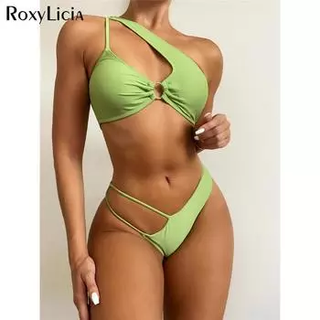 Асимметричный бикини с высоким вырезом, женский купальник, женские купальники, комплект бикини из двух предметов, мягкий купальный костюм, купальный костюм для женщин S чёрный