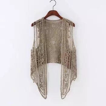Асимметричный кардиган с открытой вышивкой, летний пляжный кардиган в стиле бохо, хиппи, народный стиль, вязаная крючком блузка с вышивкой, жилет без рукавов One Size бежевый