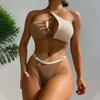 Асимметричный комплект бикини-стринги 2025 женский лоскутный бразильский купальник пуш-ап женский купальник бандажный купальный костюм S чёрный