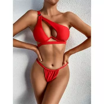 Асимметричный купальник бикини на одно плечо с V-образным вырезом на косточках, женский купальник, женский комплект бикини из двух частей, купальный костюм S чёрный