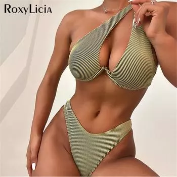 Асимметричный купальник бикини в рубчик на косточках, женский купальник, женский купальник из двух частей, комплект бикини, купальный костюм, купальный костюм для женщин S зелёный