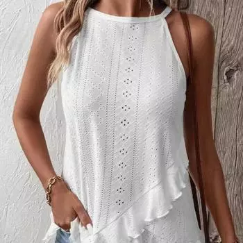 Асимметричный топ с бретелькой на шее с люверсами, повседневный однотонный топ без рукавов с лямкой на шее для лета, женская одежда XS белый