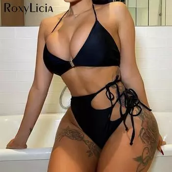 Асимметричный вырез на бретельках с высокой талией, женский купальник, женский купальник, комплект бикини из двух частей, купальный костюм для плавания S чёрный