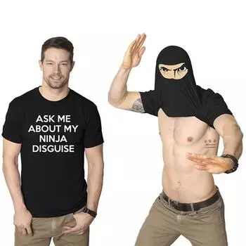ASK ME OUT MY NINJA DISGUISE Ninja Printed T-shirt Flip Funny Cotton Short Sleeved T-shirts Men s S
