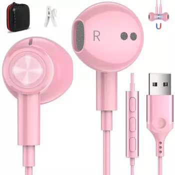 ASKUBSKU Наушники USB с микрофоном Проводные звонки Регулировка громкости Качество звука HIFI Длина Тип Наушники для обоих ушей Наушники PS4 PS5 ПК розовый