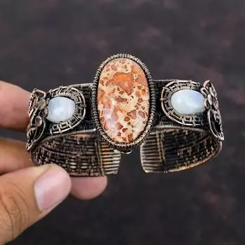 Asteroid Jasper Bangle Copper Wire Wrapped Gemstone Cuff Bracelet Rainbow Moonstone Bangle Handmade Adjustable Bangle Dainty Copper Jewelry