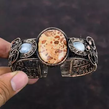 Asteroid Jasper Cuff Bracelet Copper Wire Wrapped Bangle Gemstone Adjustable Cuff Bracelet Rainbow Moonstone Bangle Handmade Designer Bangle