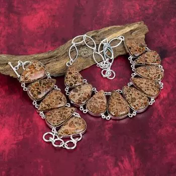 Ювелирные изделия из астероидного яшмы, ювелирные изделия из стерлингового серебра 925 пробы для женщин, замечательный комплект ювелирных изделий из браслета и ожерелья для свадебного подарка Adjustable With 8 -18 коричневый