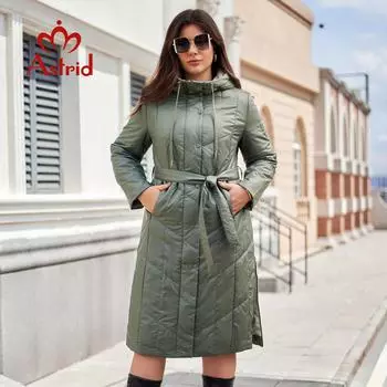 Astrid женская парка осень-зима больших размеров женская одежда длинная утепленная женская стеганая куртка с капюшоном пальто пояс разрез AM-10642 L зелёный
