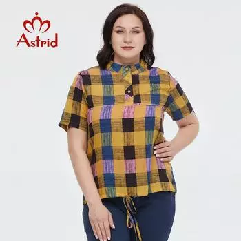 Астрид, женская рубашка, блузка, 2023, повседневный женский топ, хлопковый оверсайз, воротник-стойка, модная клетчатая рубашка, женская с коротким рукавом
