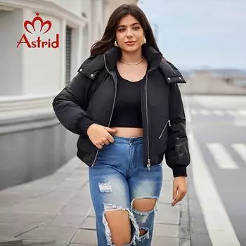 Astrid Женская зимняя куртка-пуховик больших размеров, модная короткая куртка для девочек, плотная, с принтом, теплая женская парка, пальто с меховым воротником и капюшоном AR-30192 1XL чёрный