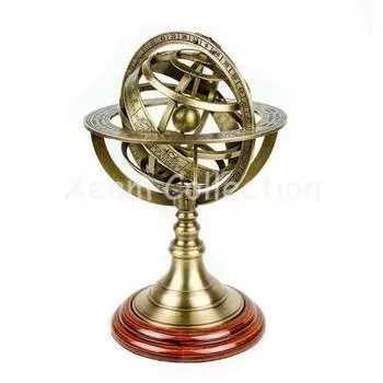 Astrolabe Antique 5 Armillary Brass Desktop Globe Sphere Wooden Base Vintage Gift - Brass Globe Astrolabe Armillary Christmas Home Decor