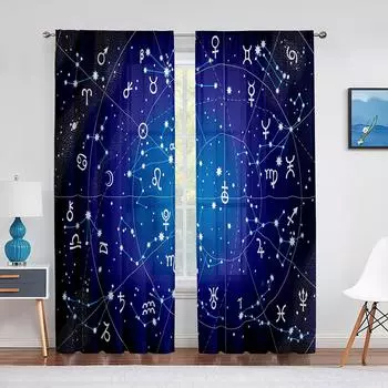 Астрология Тюль Шторы Созвездие Зодиака и Планеты Окно Прозрачная Вуаль Шторы для Гостиной Спальни Кухни Декор 1 PCS W100XH250cm&Rod Pocket