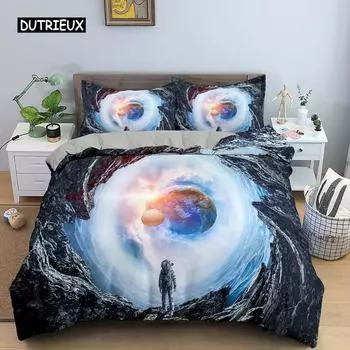 Astronaut Duvet Cover Set Spaceman Pattern Bedding Set for Boys Girl Microfiber Bedclothes Twin King Size 2/3pcs Comforter Cover EU single(135x200cm)