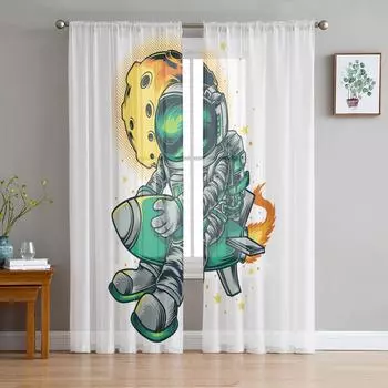 Astronaut Rocket Planet Illustration Chiffon Sheer Curtains for Living Room Bedroom Home Decor Window Voile Tulle Curtain Drapes W135 x H114cm