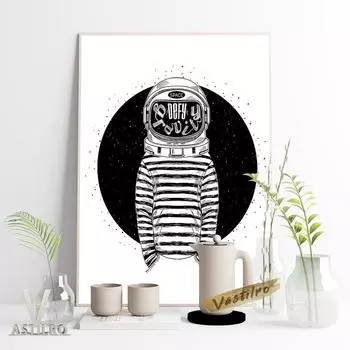 Астронавт черно-белый эскиз плаката концептуальная иллюстрация искусство гравюры 21cm30cm NoFrame