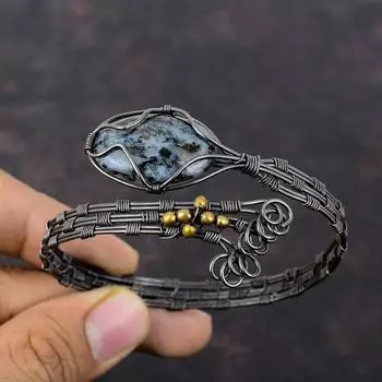 Astrophyllite Bangle Copper Wire Wrapped Bangle Adjustable Cuff Bracelet Copper Wire Gemstone Jewelry Gift For Mother Handmade Dainty Bangle