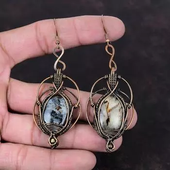 Серьги из астрофиллита, медная проволочная обертка, серьги ручной работы, ювелирные изделия из натуральных драгоценных камней, уникальные серьги, подарок на годовщину, медные украшения