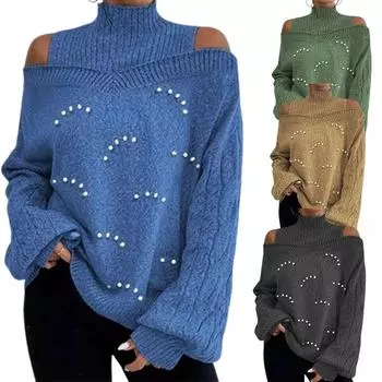 Asual Открытые плечи Длинные рукава Свободный трикотажный свитер с высоким воротом и гвоздями Бисер Новая модная женская одежда S серый