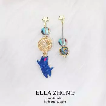 Asymmetric Female Elf South Korea Dongdaemun Tassel Earrings Star blue 925 silver needle