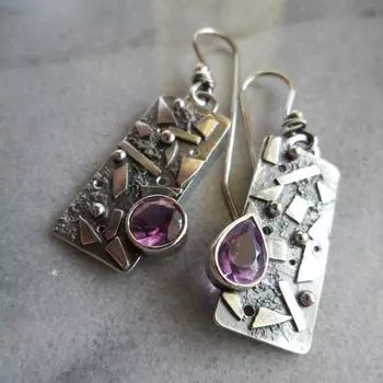 Asymmetrical Antique Silver Ethnic Style Amethyst Earrings