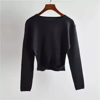 Asymmetrical Cross Slim Looking Silm round Neck Knitwear Small Cropped Long Sleeves Tops Female Spring and Autumn Easiest for Match Tide Black One size