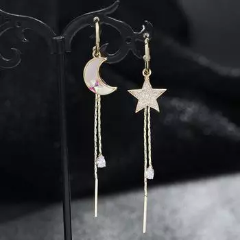 Asymmetrical star and moon fringed earrings women s light luxury Hong Kong style long temperament earrings show face thin advanced sense personalized