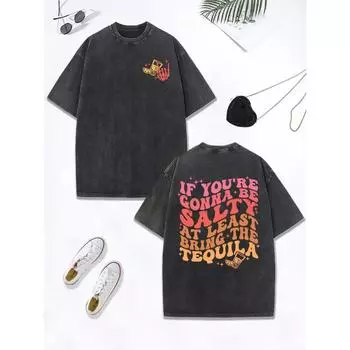 At Least Bring The Tequila Prints Washed T-Shirt Womens Cotton Oversized Tops Street Distressed O-Neck T Shirt Clothes S