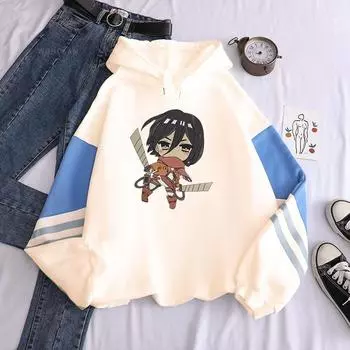 Атака титанов Harajuku Аниме Микаса Акерман Манга Толстовка Одежда Kawaii Girl Графический унисекс Свободный Повседневный Оверсайз Толстовка XS чёрный