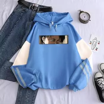 Атака титанов Манга Levi Eyes Print Hooded Sweatshirts Мужчины Женщины Япония Аниме Harajuku Мультфильм Oversize Streetwear Hoodies XS синий