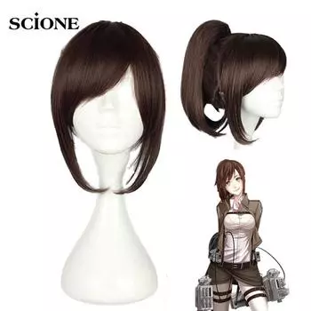 Атака Титанов Саша Браус Косплей Парик Саша Блузка Каштановые волосы Конский хвост Аниме Синтетические волосы с париком Кепка Парик Женский парик