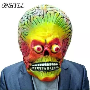 Атакует марсианскую солдатскую маску на Хэллоуин, латексная маска на всю голову, страшный мозг пришельца, маска для вечеринки, НЛО, Марс, реквизит для косплея бежевый