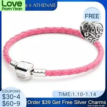 Athenaie Rose Red Single Braided Leather 925 Sterling Silver Charm Bracelet Fit Fit All European Charm Bulbs